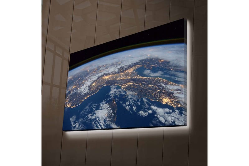 Canvas-taulu LED-valaistuksella - Näkymä maapalloon ja kaupunkeihin valaistuna yöllä, Tummansininen / Valkoinen / Keltainen