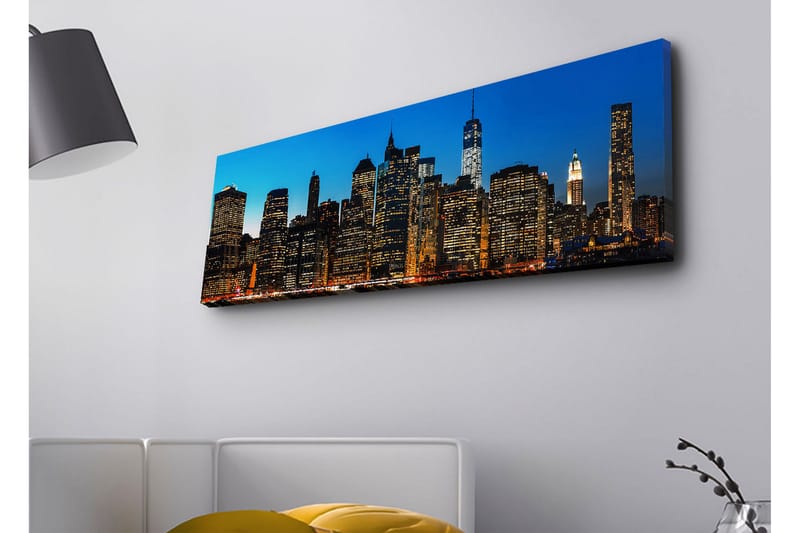 Canvas-taulu LED-valaistuksella - New York Cityn siluetti hämärässä, Sininen / Musta / Kulta