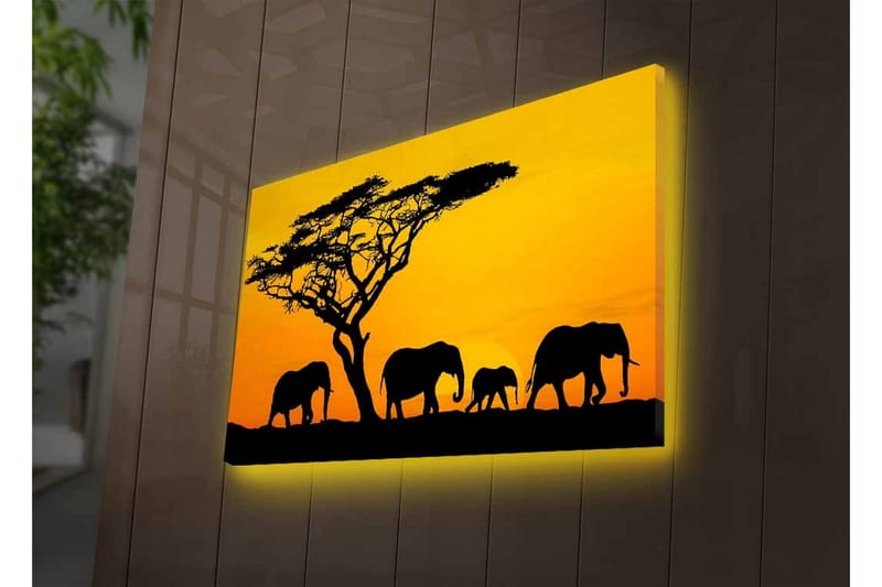 Canvas-taulu LED-valaistuksella - Norsujen siluetteja auringonlaskun aikaan, taustalla puu - Musta / Oranssi / Keltainen - Sisustustuotteet - Taulu & taide - Canvas-taulu