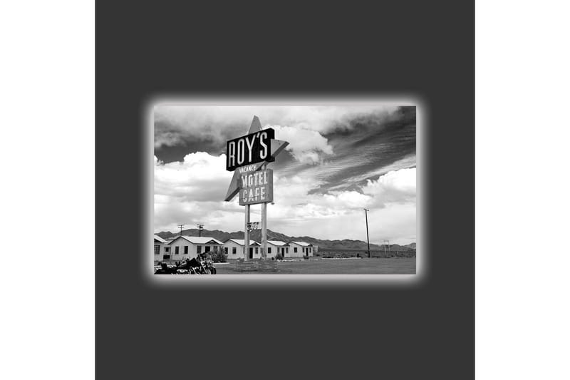 Canvas-taulu LED-valaistuksella - Nostalginen kyltti motellista aavikkomaisemassa - Musta / Valkoinen / Harmaa - Sisustustuotteet - Taulu & taide - Canvas-taulu