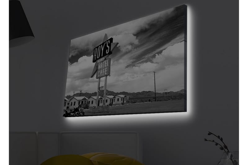 Canvas-taulu LED-valaistuksella - Nostalginen kyltti motellista aavikkomaisemassa, Musta / Valkoinen / Harmaa
