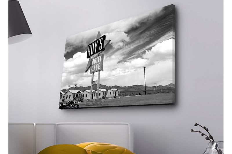 Canvas-taulu LED-valaistuksella - Nostalginen kyltti motellista aavikkomaisemassa - Musta / Valkoinen / Harmaa - Sisustustuotteet - Taulu & taide - Canvas-taulu