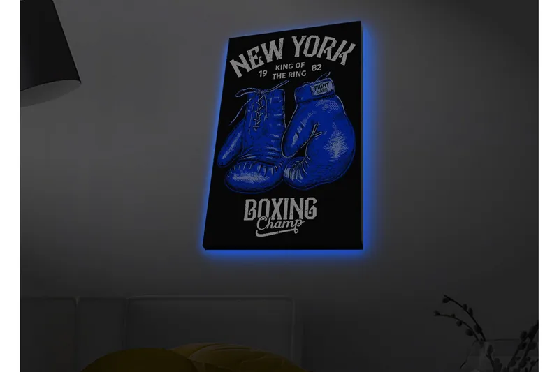 Canvas-taulu LED-valaistuksella - Nyrkkeilyhanskat tekstillä ja graafisilla yksityiskohdilla, Sininen / Musta