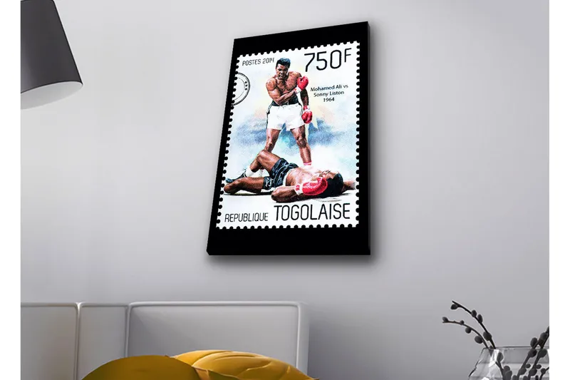 Canvas-taulu LED-valaistuksella - Nyrkkeilyottelu kahden kuuluisan nyrkkeilijän välillä, Punainen / Musta / Valkoinen