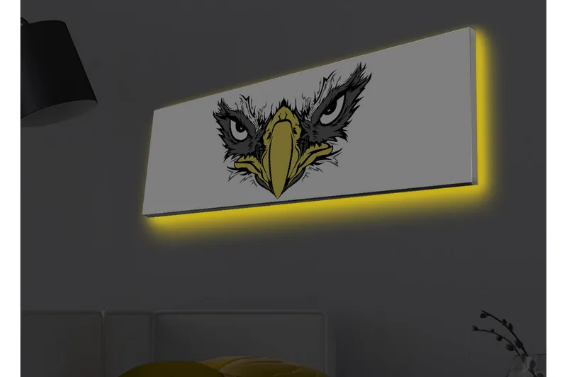 Canvas-taulu LED-valaistuksella - Raivokas kotka intensiivisin silmin, Musta / Keltainen / Valkoinen