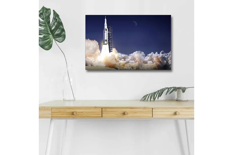 Canvas-taulu LED-valaistuksella - Raketti nousee avaruuteen savupilvien ympäröimänä, Tummansininen / Valkoinen / Harmaa