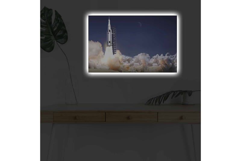 Canvas-taulu LED-valaistuksella - Raketti nousee avaruuteen savupilvien ympäröimänä - Tummansininen / Valkoinen / Harmaa - Sisustustuotteet - Taulu & taide - Canvas-taulu