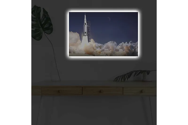 Canvas-taulu LED-valaistuksella - Raketti nousee avaruuteen savupilvien ympäröimänä - Tummansininen / Valkoinen / Harmaa - Sisustustuotteet - Taulu & taide - Canvas-taulu