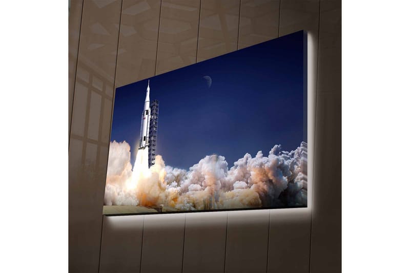 Canvas-taulu LED-valaistuksella - Raketti nousee avaruuteen savupilvien ympäröimänä - Tummansininen / Valkoinen / Harmaa - Sisustustuotteet - Taulu & taide - Canvas-taulu