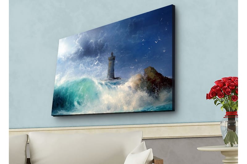Canvas-taulu LED-valaistuksella - Rannikkomaisema majakalla, jota ympäröivät voimakkaat aallot, Tummansininen / Turkoosi / Valkoinen