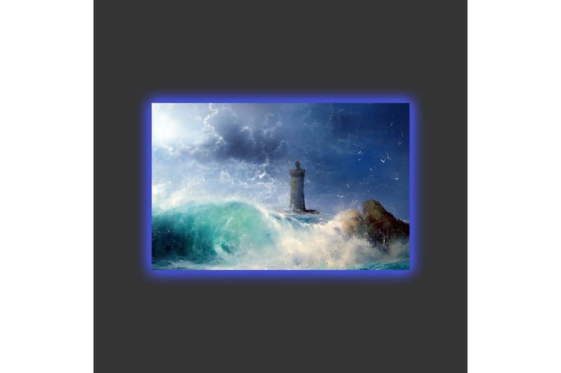 Canvas-taulu LED-valaistuksella - Rannikkomaisema majakalla, jota ympäröivät voimakkaat aallot - Tummansininen / Turkoosi / Valkoinen - Sisustustuotteet - Taulu & taide - Canvas-taulu