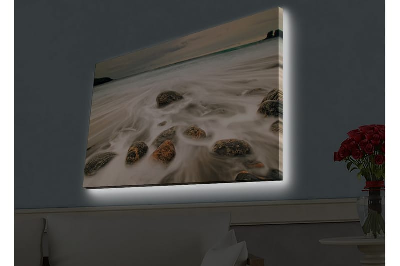 Canvas-taulu LED-valaistuksella - Rantamaisema, jossa lempeät aallot ympäröivät kiviä - Harmaa / Beige / Musta - Sisustustuotteet - Taulu & taide - Canvas-taulu