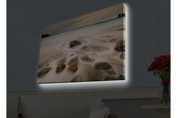 Canvas-taulu LED-valaistuksella - Rantamaisema, jossa lempeät aallot ympäröivät kiviä - Harmaa / Beige / Musta - Sisustustuotteet - Taulu & taide - Canvas-taulu