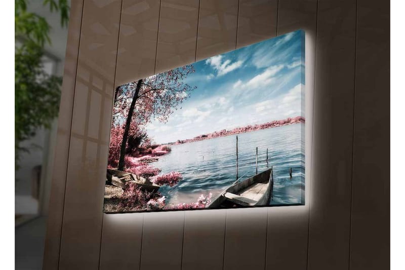 Canvas-taulu LED-valaistuksella - Rauhallinen järvimaisema veneillä ja kukkivilla puilla - Vaaleanpunainen / Sininen / Harmaa - Sisustustuotteet - Taulu & taide - Canvas-taulu