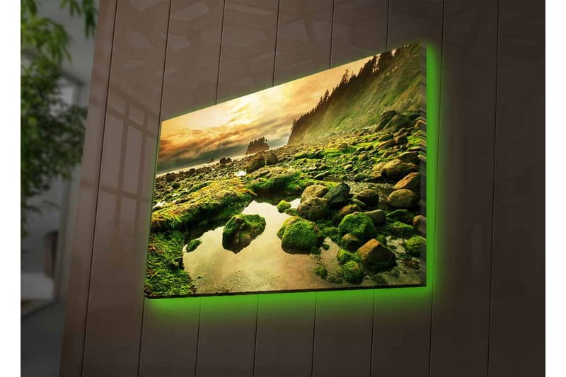Canvas-taulu LED-valaistuksella - Rehevä rannikkomaisema kallioineen ja peilimäisine vesilammikoineen - Vihreä / Ruskea / Keltainen - Sisustustuotteet - Taulu & taide - Canvas-taulu