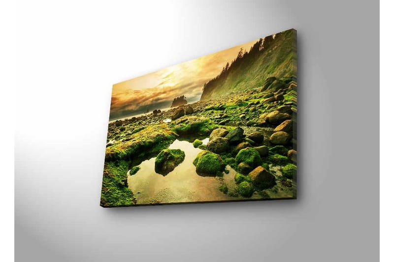 Canvas-taulu LED-valaistuksella - Rehevä rannikkomaisema kallioineen ja peilimäisine vesilammikoineen - Vihreä / Ruskea / Keltainen - Sisustustuotteet - Taulu & taide - Canvas-taulu