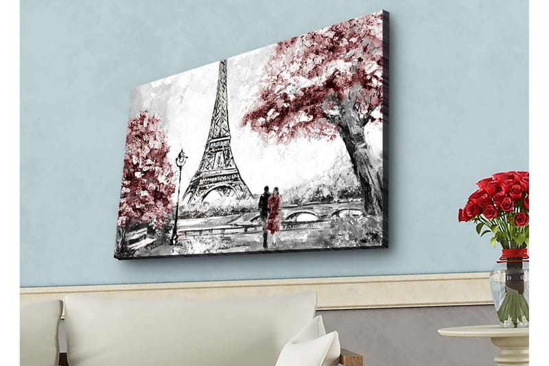 Canvas-taulu LED-valaistuksella - Romanttinen maisema Eiffel-tornilla ja kukkivilla puilla - Punainen / Musta / Harmaa - Sisustustuotteet - Taulu & taide - Canvas-taulu
