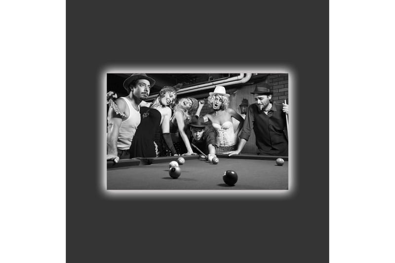 Canvas-taulu LED-valaistuksella - Ryhmä ihmisiä pelaamassa biljardia nostalgisessa ympäristössä - Musta / Valkoinen / Harmaa - Sisustustuotteet - Taulu & taide - Canvas-taulu