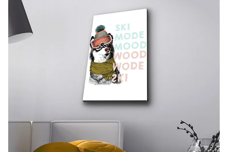 Canvas-taulu LED-valaistuksella - Söpö koira hiihtolaseilla ja huivilla, Musta / Keltainen / Vaaleanpunainen