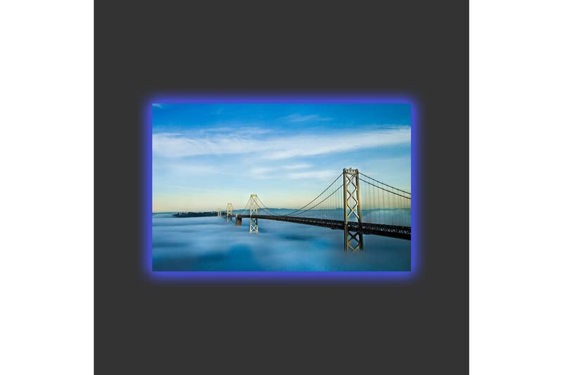 Canvas-taulu LED-valaistuksella - Silta sumuisen vedenpinnan yli kirkkaalla taivaalla - Sininen / Harmaa / Valkoinen - Sisustustuotteet - Taulu & taide - Canvas-taulu