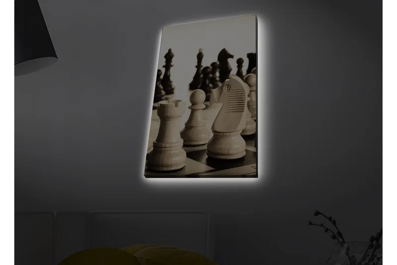 Canvas-taulu LED-valaistuksella - Strateginen shakkiasetelma puupaloilla - Beige / Musta / Ruskea - Sisustustuotteet - Taulu & taide - Canvas-taulu