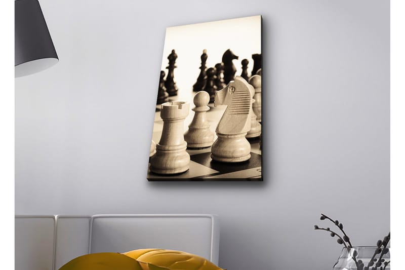 Canvas-taulu LED-valaistuksella - Strateginen shakkiasetelma puupaloilla, Beige / Musta / Ruskea