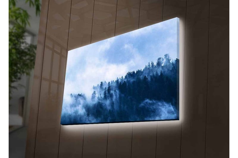 Canvas-taulu LED-valaistuksella - Sumu pyyhkäisee korkeiden puiden metsän yllä - Tummansininen / Vaaleansininen / Harmaa - Sisustustuotteet - Taulu & taide - Canvas-taulu