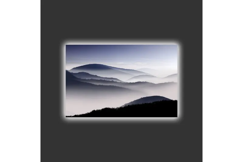 Canvas-taulu LED-valaistuksella - Sumua vuoristojen yllä harmaasävyissä - Tummanharmaa / Vaaleanharmaa / Musta - Sisustustuotteet - Taulu & taide - Canvas-taulu
