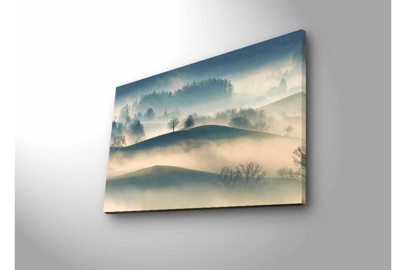 Canvas-taulu LED-valaistuksella - Sumua yksinäisten puiden yllä kumpuilevan maiseman yllä - Harmaa / Sininen / Beige - Sisustustuotteet - Taulu & taide - Canvas-taulu