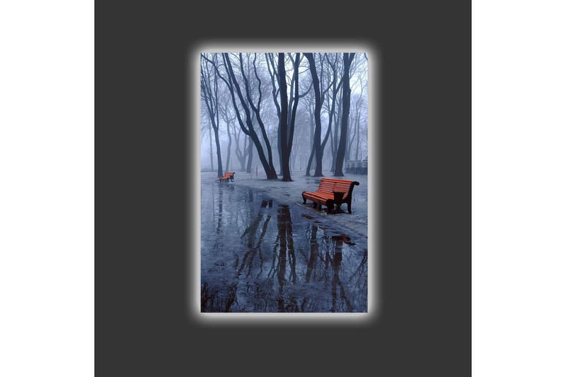 Canvas-taulu LED-valaistuksella - Sumua puiston yllä, penkkejä ja heijastuksia lätäköissä - Tummansininen / Harmaa / Oranssi - Sisustustuotteet - Taulu & taide - Canvas-taulu
