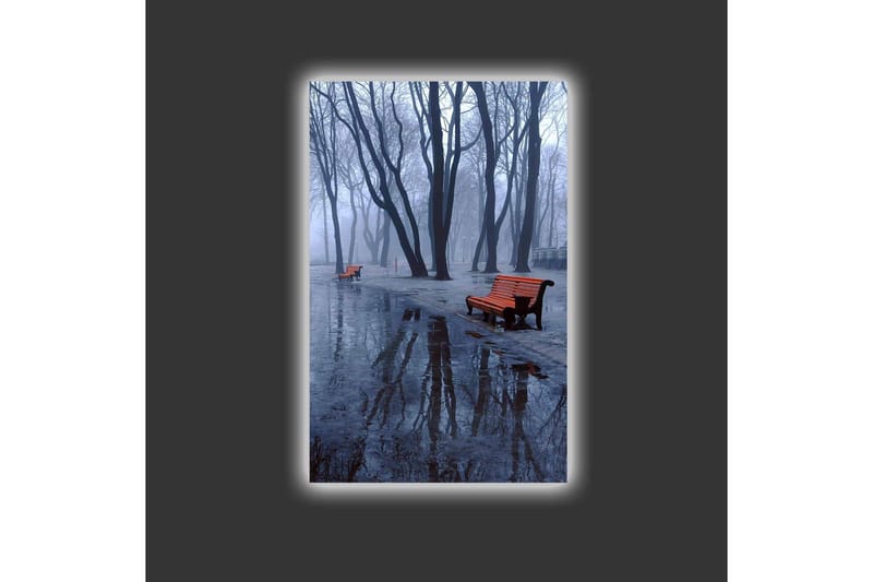 Canvas-taulu LED-valaistuksella - Sumua puiston yllä, penkkejä ja heijastuksia lätäköissä - Tummansininen / Harmaa / Oranssi - Sisustustuotteet - Taulu & taide - Canvas-taulu