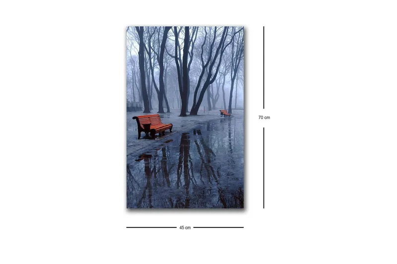 Canvas-taulu LED-valaistuksella - Sumua puiston yllä, penkkejä ja heijastuksia lätäköissä - Tummansininen / Harmaa / Oranssi - Sisustustuotteet - Taulu & taide - Canvas-taulu