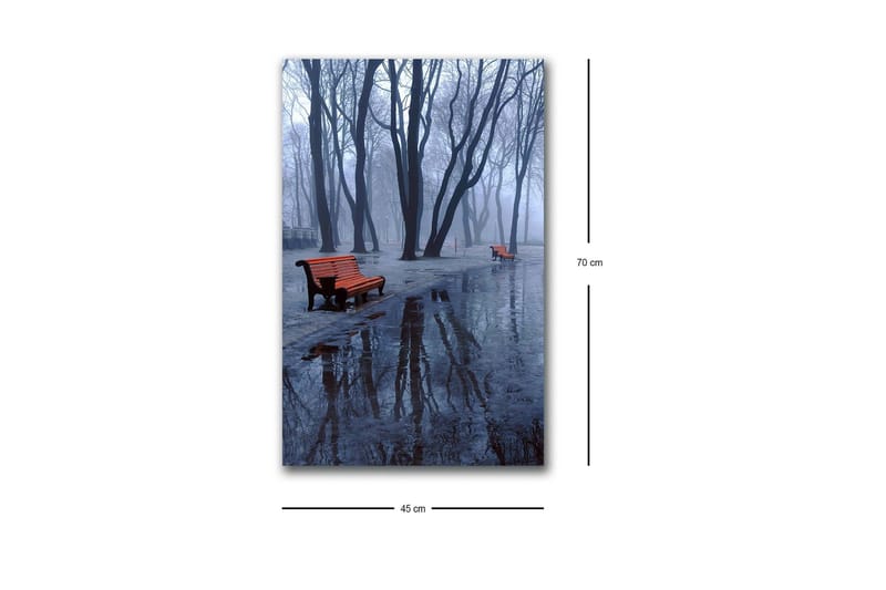 Canvas-taulu LED-valaistuksella - Sumua puiston yllä, penkkejä ja heijastuksia lätäköissä - Tummansininen / Harmaa / Oranssi - Sisustustuotteet - Taulu & taide - Canvas-taulu
