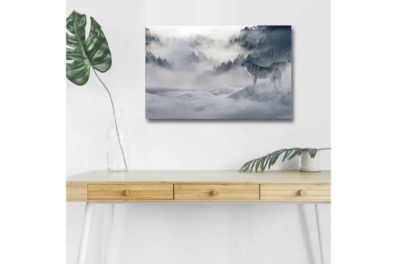 Canvas-taulu LED-valaistuksella - Susi sumuisessa metsäympäristössä, Harmaa / Sininen / Valkoinen