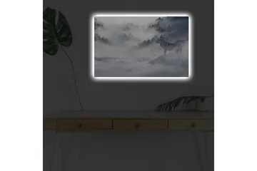 Canvas-taulu LED-valaistuksella - Susi sumuisessa metsäympäristössä - Harmaa / Sininen / Valkoinen - Sisustustuotteet - Taulu & taide - Canvas-taulu