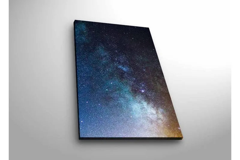 Canvas-taulu LED-valaistuksella - Tähtitaivas galakseineen ja tähdineen, Tummansininen / Musta / Vaaleansininen