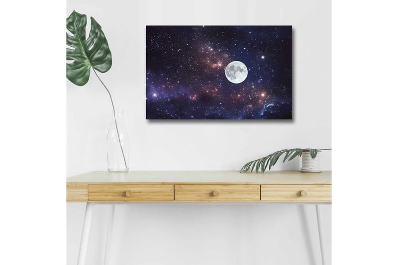 Canvas-taulu LED-valaistuksella - Tähtitaivas ja iso kuu, Tummansininen / Violetti / Valkoinen