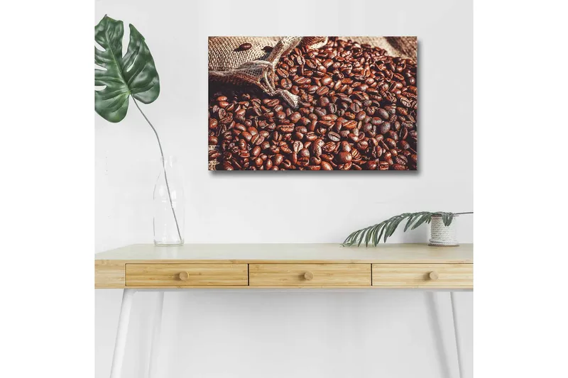 Canvas-taulu LED-valaistuksella - Täyteläiset kahvipavut luonnollisessa ympäristössä, Tummanruskea / Vaaleanruskea