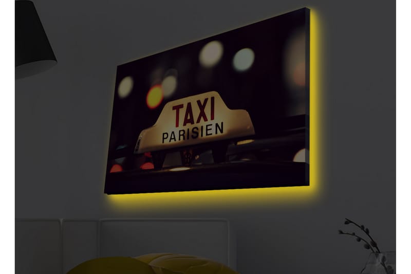 Canvas-taulu LED-valaistuksella - Taksikyltti tekstillä TAXI PARISIEN yöaikaisessa kaupunkiympäristössä - Keltainen / Musta / Punainen - Sisustustuotteet - Taulu & taide - Canvas-taulu
