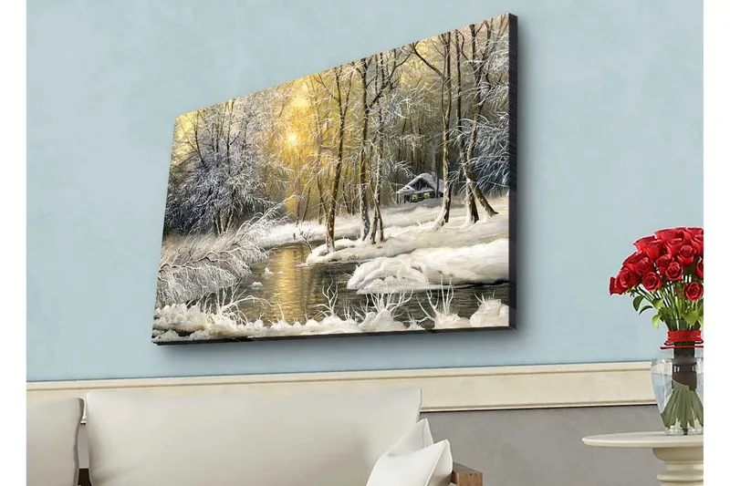 Canvas-taulu LED-valaistuksella - Talvimaisema lumipeitteisillä puilla ja hiljaisella joella, Valkoinen / Vaaleansininen / Vihreä