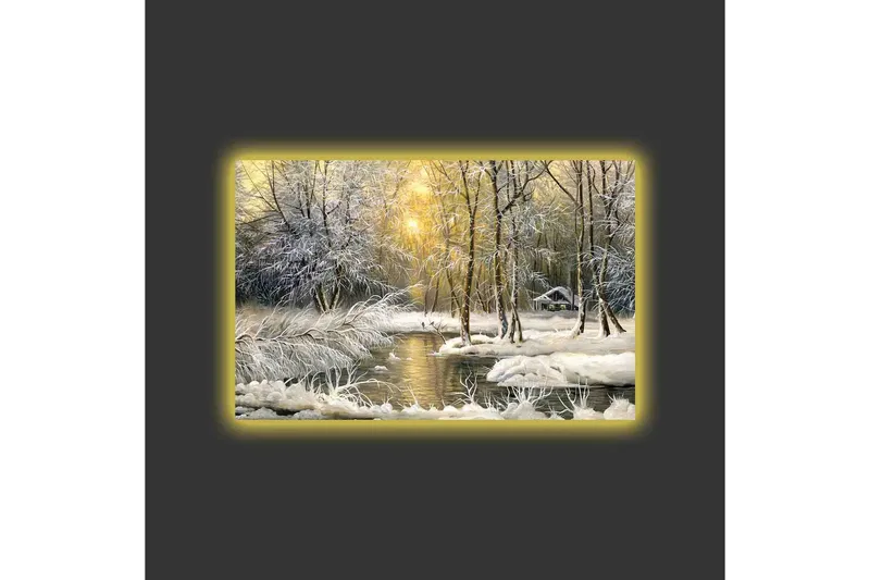 Canvas-taulu LED-valaistuksella - Talvimaisema lumipeitteisillä puilla ja hiljaisella joella - Valkoinen / Vaaleansininen / Vihreä - Sisustustuotteet - Taulu & taide - Canvas-taulu