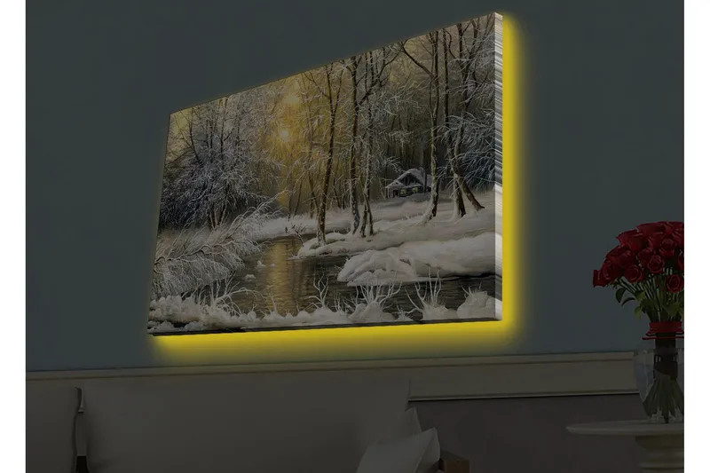 Canvas-taulu LED-valaistuksella - Talvimaisema lumipeitteisillä puilla ja hiljaisella joella - Valkoinen / Vaaleansininen / Vihreä - Sisustustuotteet - Taulu & taide - Canvas-taulu