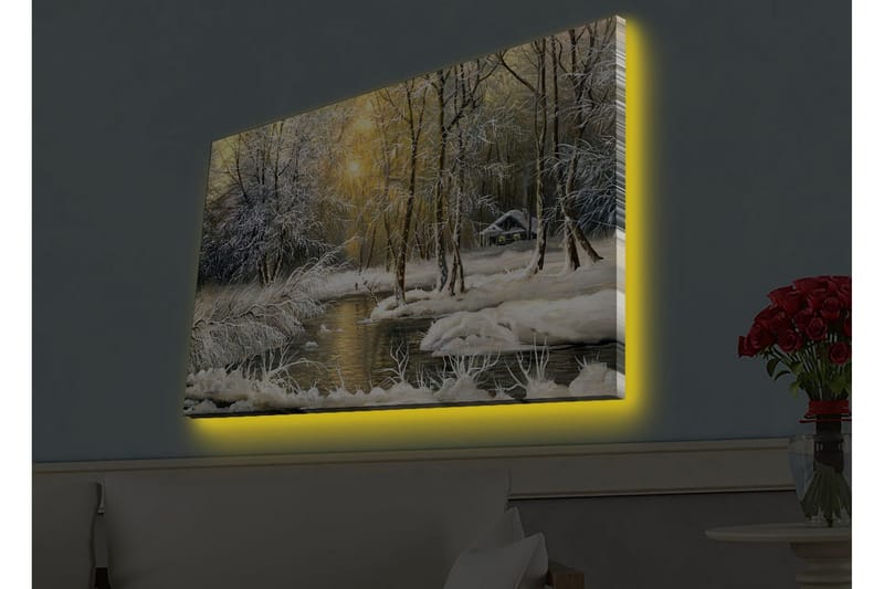 Canvas-taulu LED-valaistuksella - Talvimaisema lumipeitteisillä puilla ja hiljaisella joella - Valkoinen / Vaaleansininen / Vihreä - Sisustustuotteet - Taulu & taide - Canvas-taulu