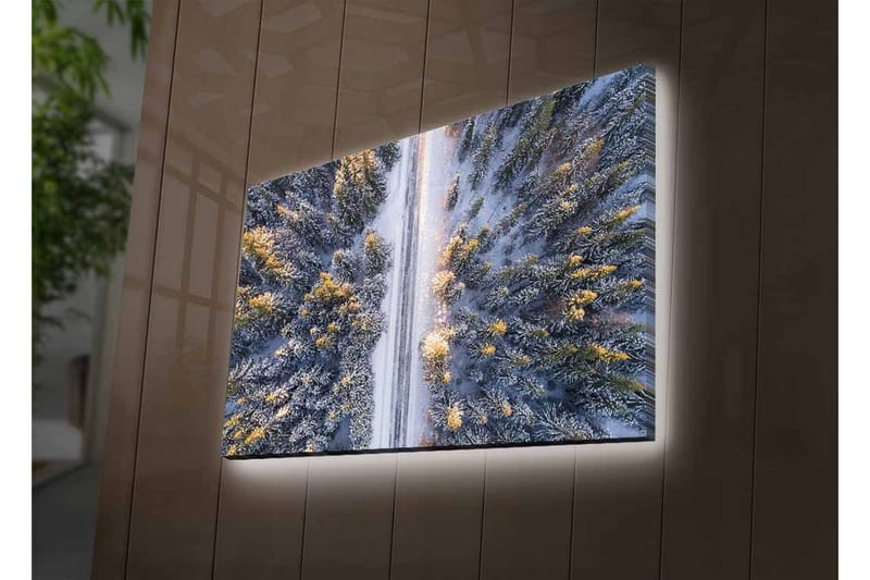 Canvas-taulu LED-valaistuksella - Talvimaisema lumipeitteisillä puilla ja metsän läpi kulkevalla tiellä - Harmaa / Vihreä / Keltainen - Sisustustuotteet - Taulu & taide - Canvas-taulu