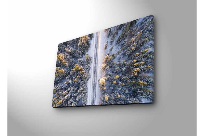 Canvas-taulu LED-valaistuksella - Talvimaisema lumipeitteisillä puilla ja metsän läpi kulkevalla tiellä - Harmaa / Vihreä / Keltainen - Sisustustuotteet - Taulu & taide - Canvas-taulu