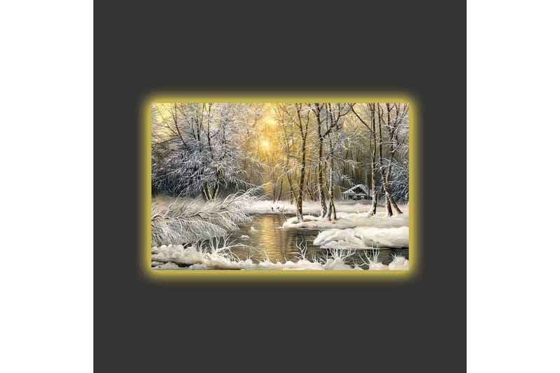 Canvas-taulu LED-valaistuksella - Talvimaisema lumipeitteisillä puilla ja hiljaisella joella - Valkoinen / Vaaleansininen / Vihreä - Sisustustuotteet - Taulu & taide - Canvas-taulu