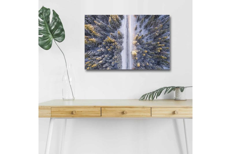 Canvas-taulu LED-valaistuksella - Talvimaisema lumipeitteisillä puilla ja metsän läpi kulkevalla tiellä - Harmaa / Vihreä / Keltainen - Sisustustuotteet - Taulu & taide - Canvas-taulu