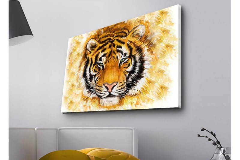 Canvas-taulu LED-valaistuksella - Tiikerin pää intensiivisellä ilmeellä, Oranssi / Musta / Valkoinen