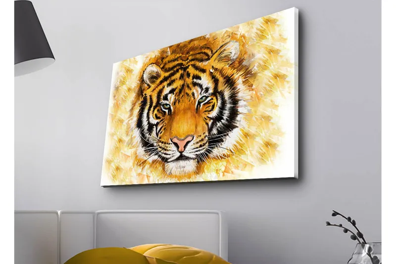 Canvas-taulu LED-valaistuksella - Tiikerin pää intensiivisellä ilmeellä, Oranssi / Musta / Valkoinen