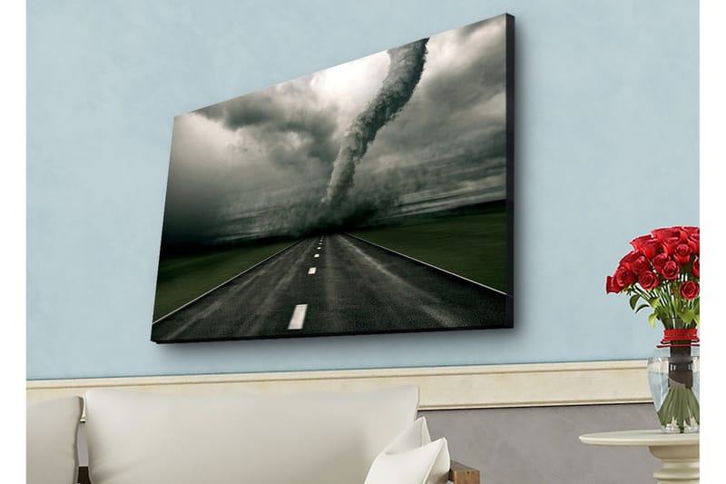 Canvas-taulu LED-valaistuksella - Tornado pyyhkäisee autiota tietä - Harmaa / Musta / Vihreä - Sisustustuotteet - Taulu & taide - Canvas-taulu